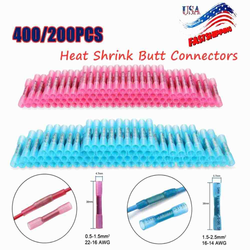 400/200pcs 22-14 AWG Heat Shrink Butt Wire Splice Connectors Crimp Terminals