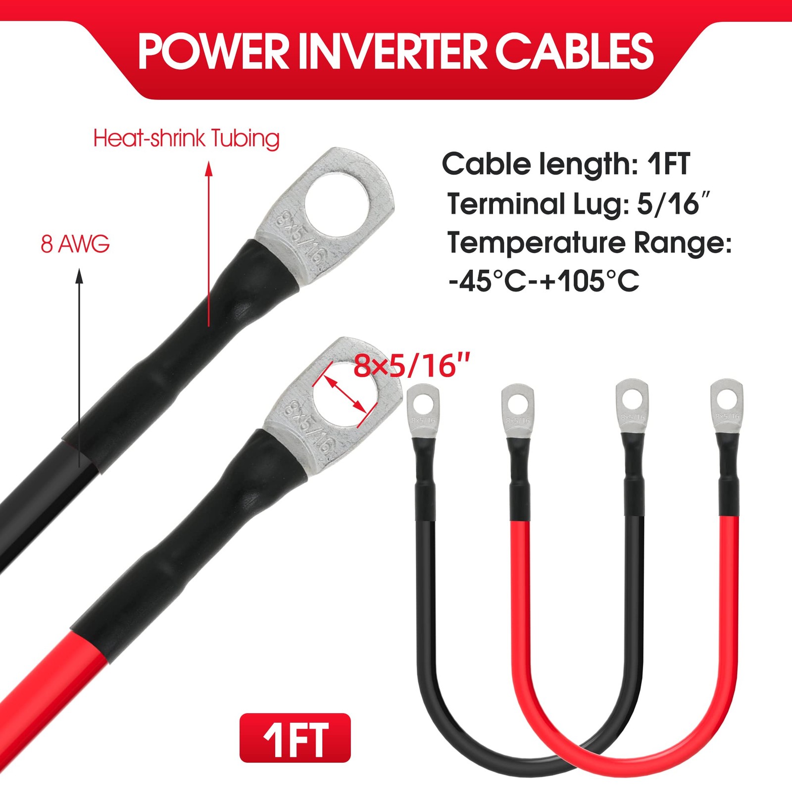8 AWG Battery Cable Power Inverter 5/16 Inch Lugs 1FT Marine RV Car 2 PCS