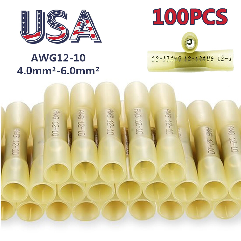 100PCS AWG 12-10 Gauge Heat Shrink Crimp Terminals Wire Butt Connectors Yellow