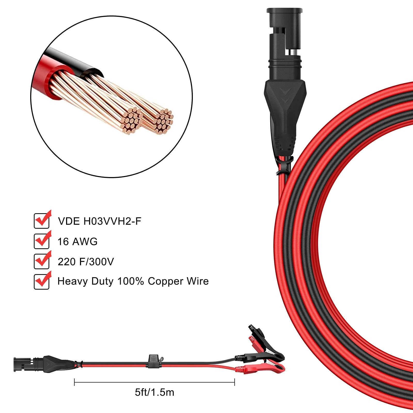 5FT 16AWG Waterproof SAE to Alligator Clips Cable with 10A Fuse for Solar