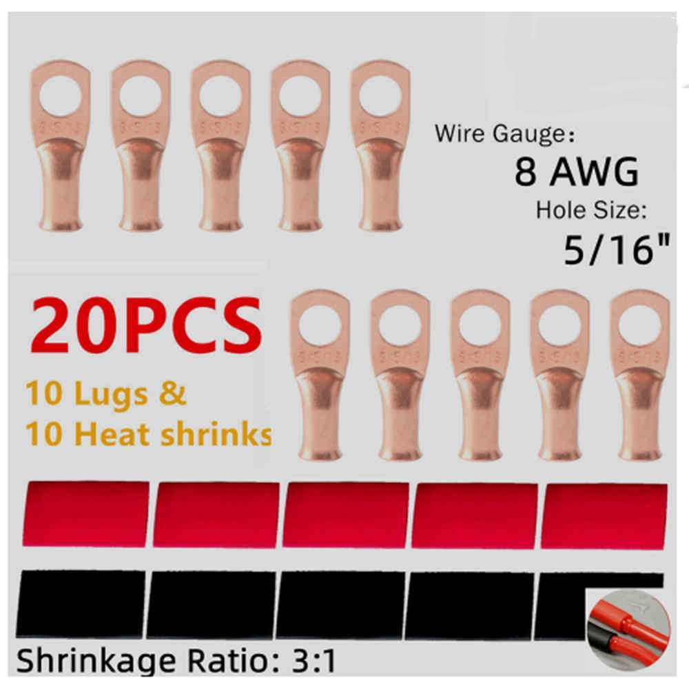 (10) 8AWG Gauge Copper Ring Terminals 5/16″ RED/BLACK Heat Shrink Tubing LUGS