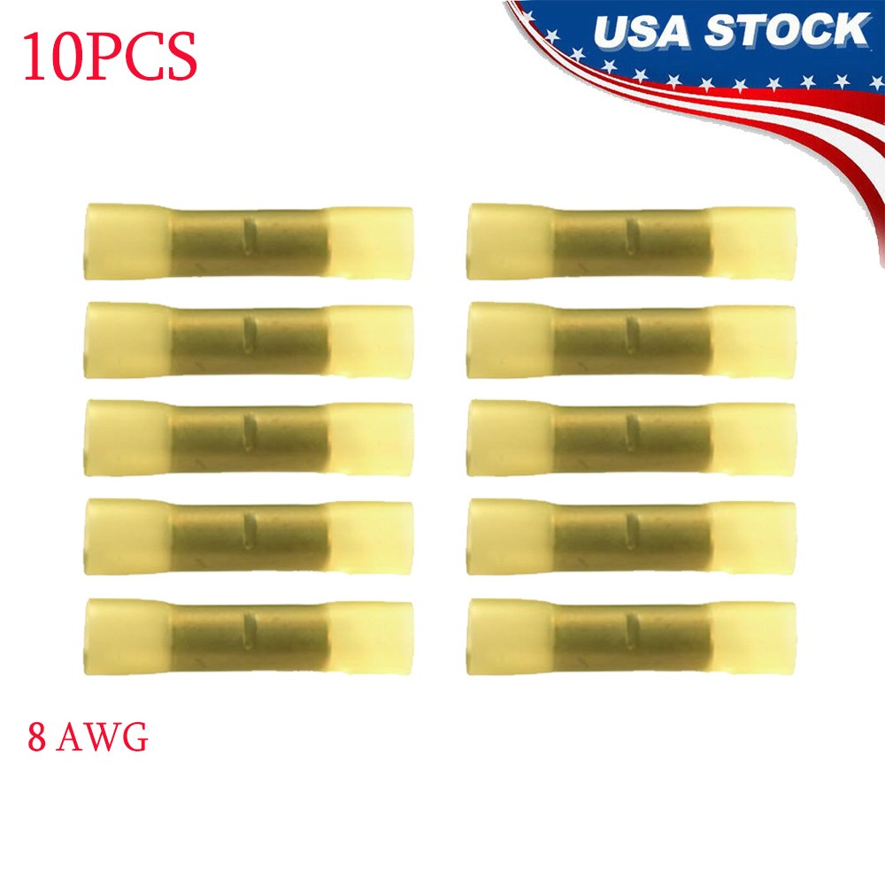 10PCS Yellow 8 AWG Wire Butt Crimp Connector Heat Shrink Gauge Terminal Radio