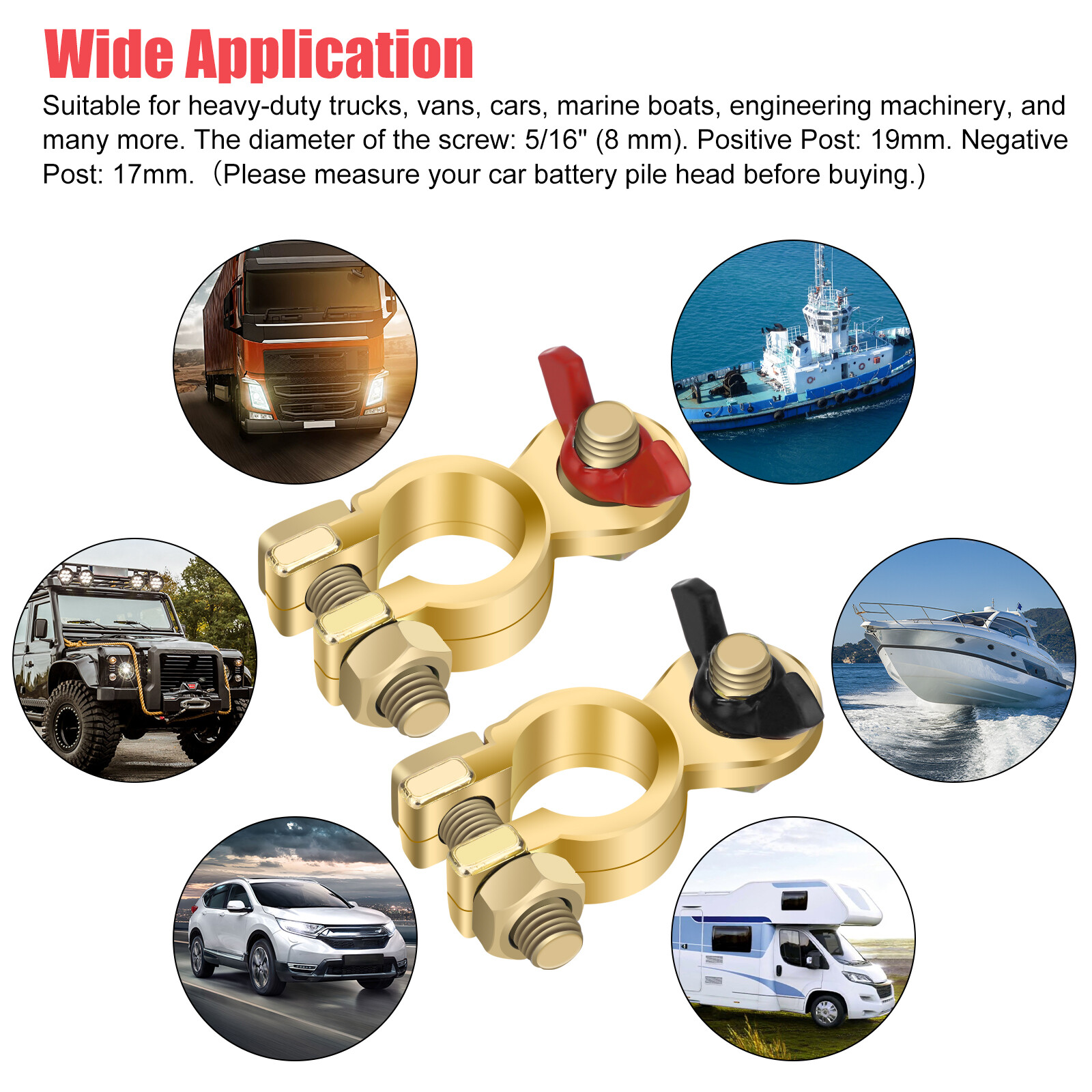2x Solid Brass Battery Terminal Connector Top Post End Clamps Set for Car Marine