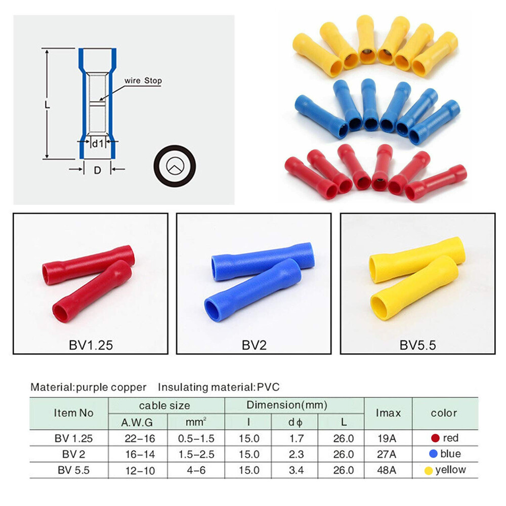 50-500x Insulated Straight Crimp Terminal Electrical Splice Butt Wire Connectors
