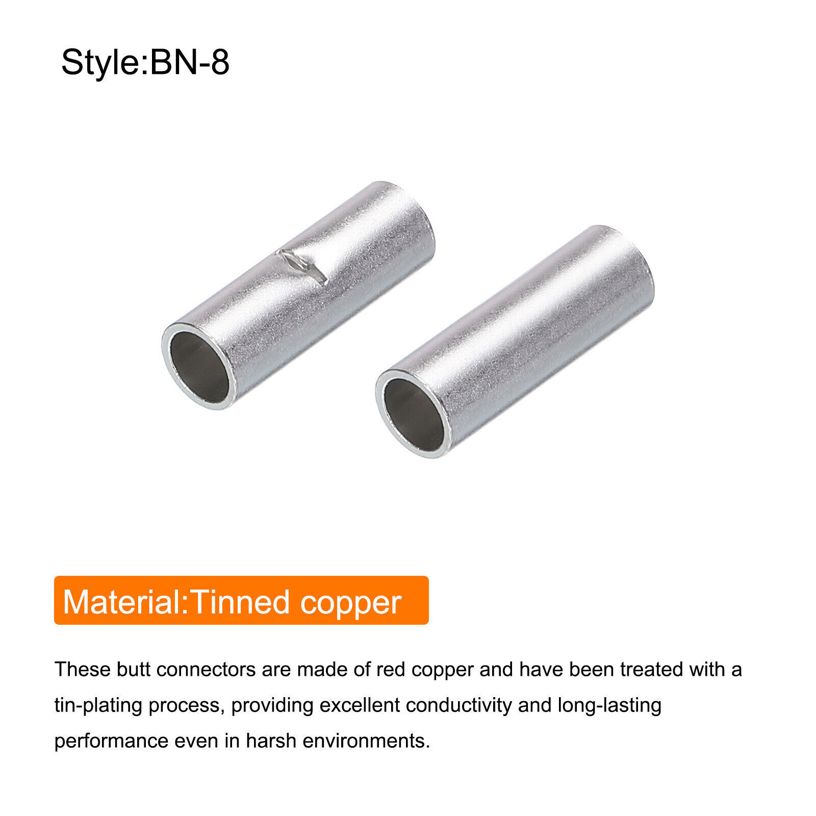 50Pcs 8 AWG Bare Copper Ferrule Butt Wire Connectors Crimp Splice Terminals
