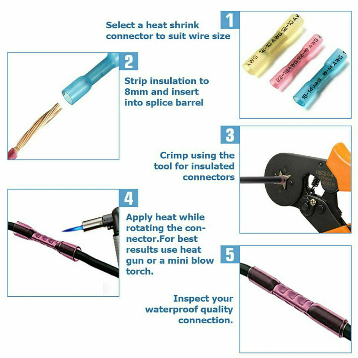 50~400X Waterproof Heat Shrink Butt Crimp Wire Connectors Splice Terminals Kit