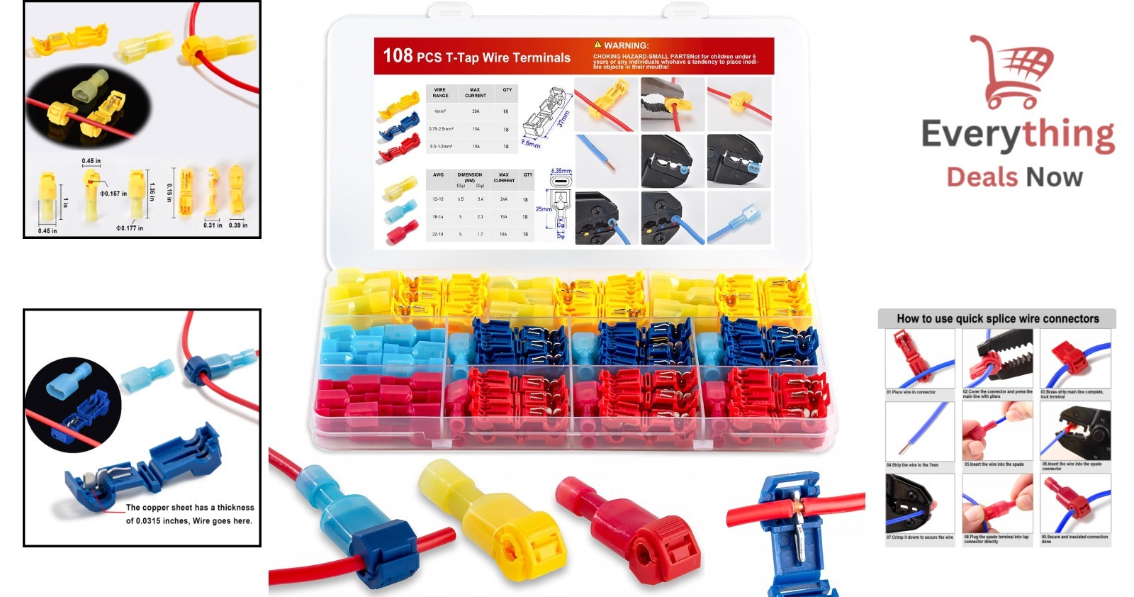 108pc T-Tap Wire Connectors Quick Splice Self-Stripping Electrical Terminals Kit