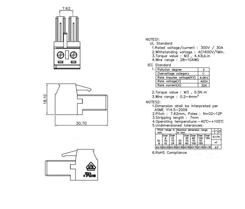 2-Pin Plug – 7.62mm 41 Amp 600V – Terminal Block Connector