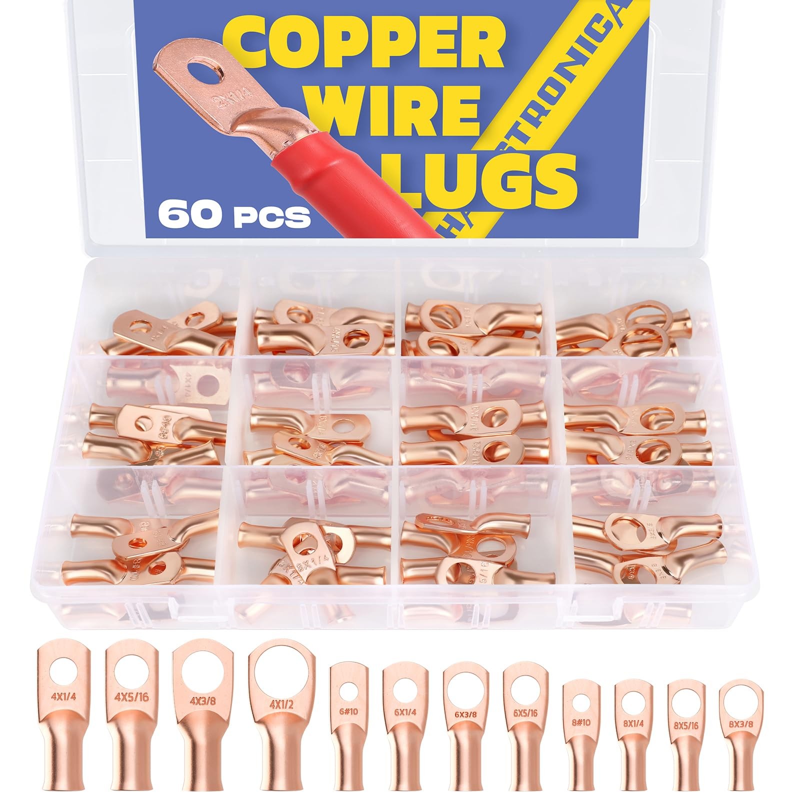 Haisstronica 60PCS Copper Wire Lugs Kit(AWG 8 6 4),Heavy Bare Copper,