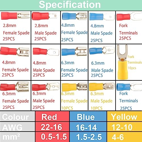Feggizuli 330PCS Crimp Connectors, 2.8mm 4.8mm 6.3mm Male and Female 330pcs
