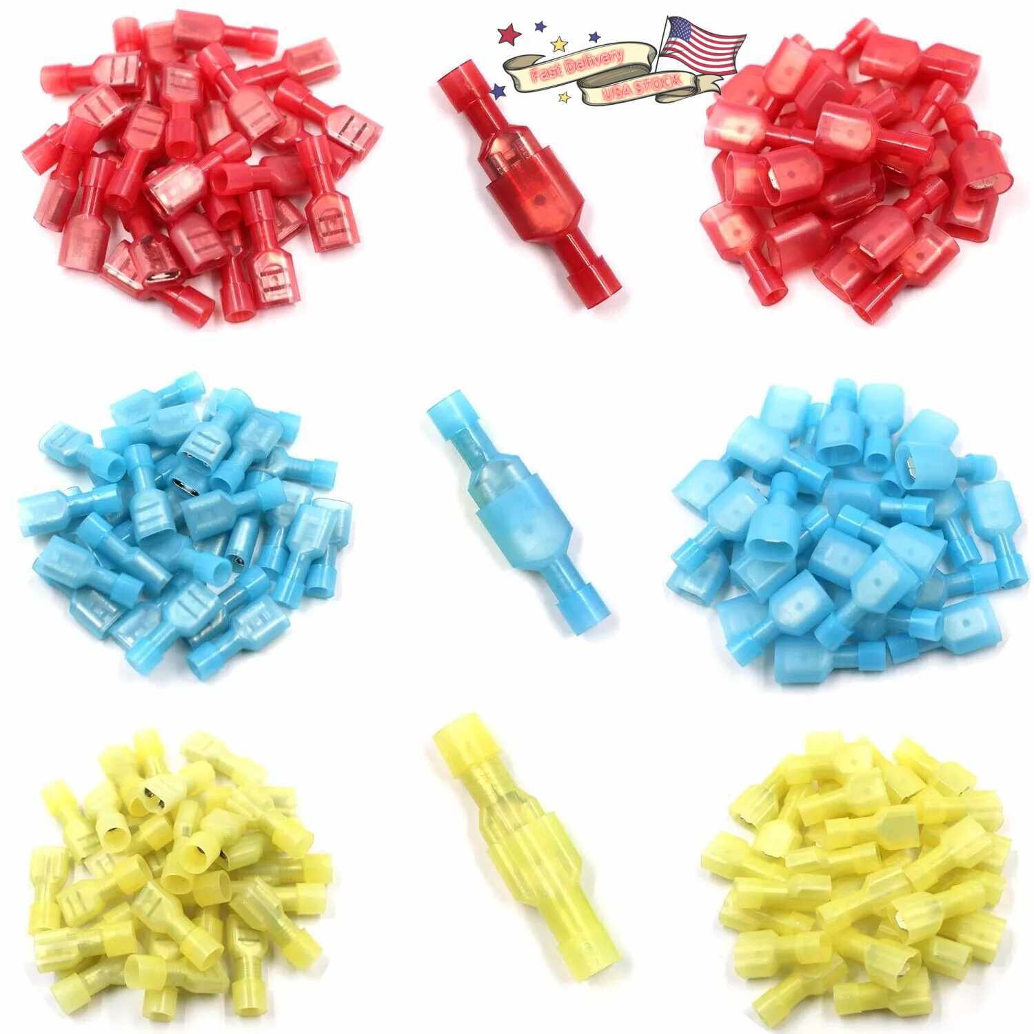 200/100PCS Nylon Insulated Wire Spade Terminals Cable Crimp Connectors 22-10 AWG