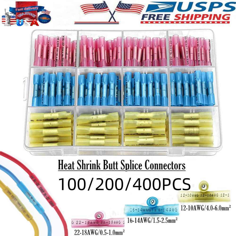 400/100PCS Heat Shrink Butt Wire Splice Connectors Crimp Terminals Kit 22-10AWG