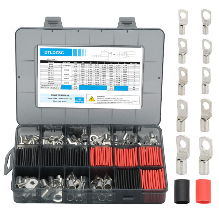 Kit 160 terminales de cobre AWG 2-12 con tubos termorretráctiles 3:1.
