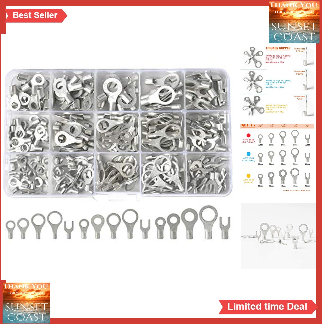 Copper Ring Fork Terminals 260PCS AWG 22-16 16-14 12-10 Tin Plated