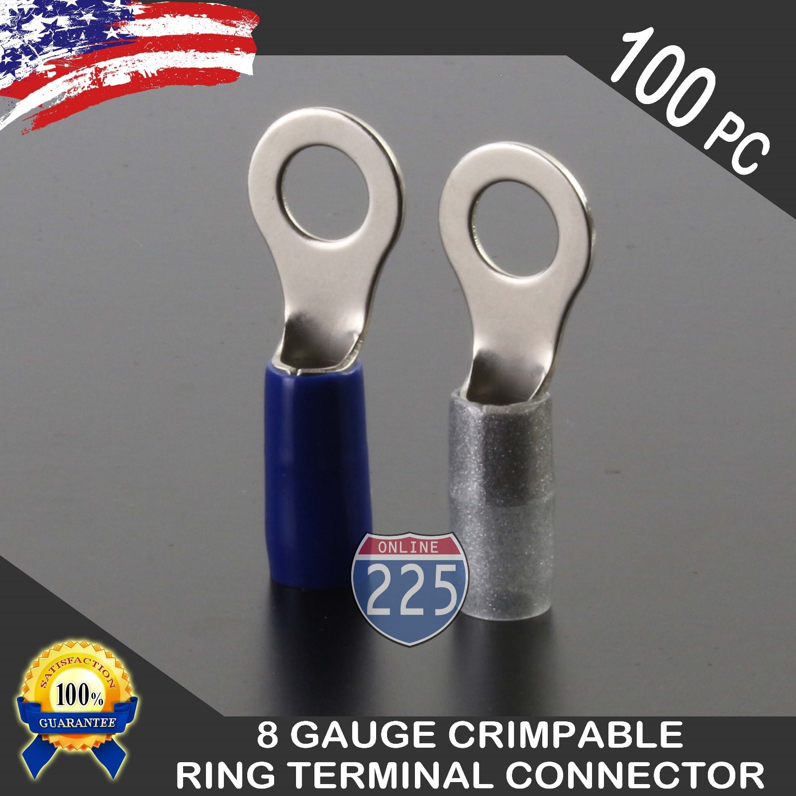 8 Gauge Crimpable Ring Terminal 100/Pack Wire Crimp blue Silver Boots 5/16″ Stud