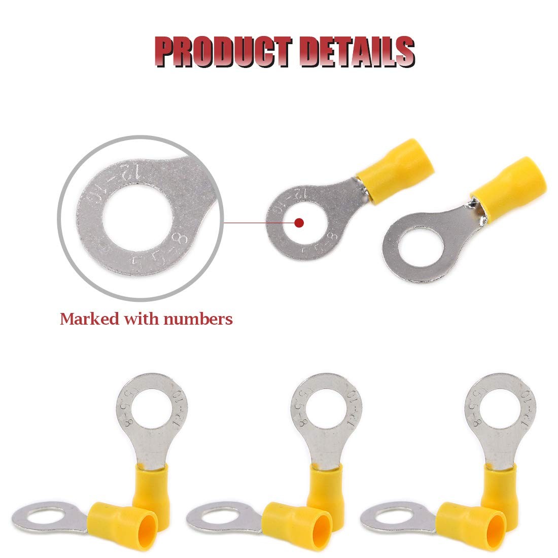 Hilitchi 100Pcs 12-10AWG Insulated Terminals Ring Electrical Wire Crimp Conne…