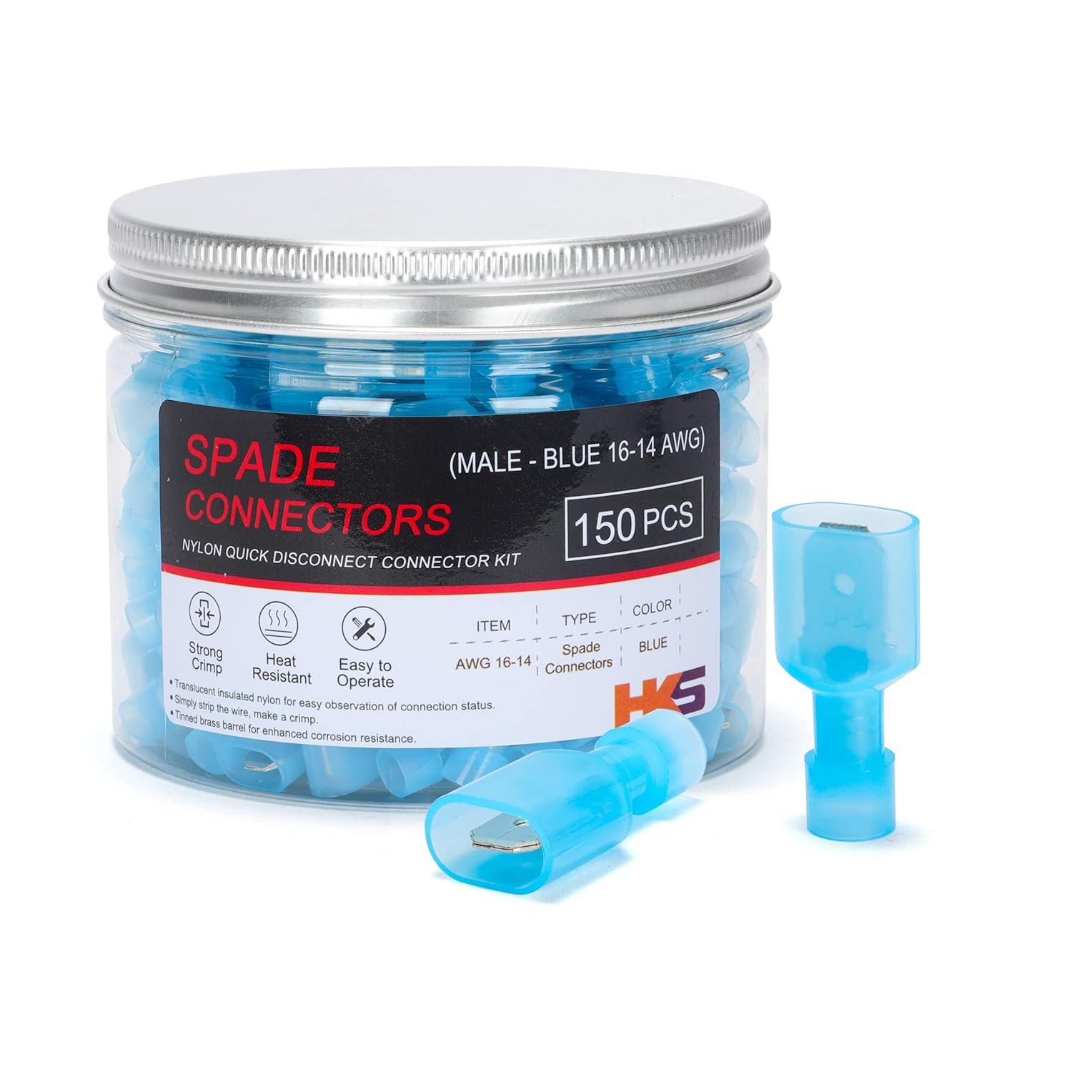 150PCS Nylon Male Spade Quick Disconnect Connector – Blue 16-14 AWG Electrical W