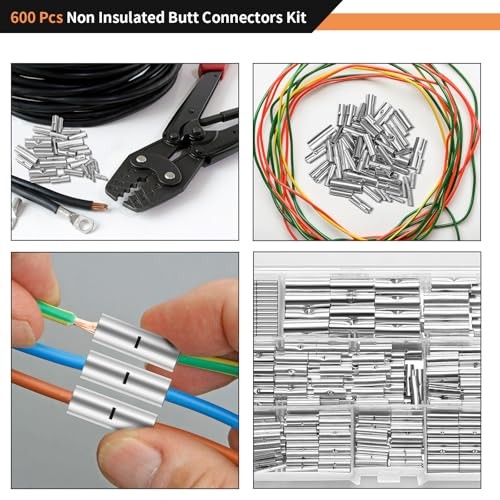 Tellegloww 600 Pcs Non Insulated Butt Connectors Kit Uninsulated Splice Wire